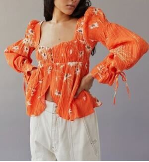 Urban Outfitters UO Allie Floral Tie Sleeve Babydoll Blouse Orange Medium